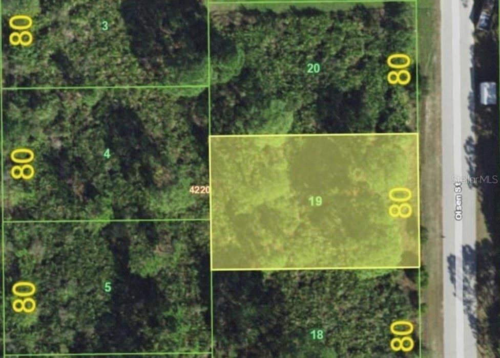 This is an aerial map showing a highlighted rectangular land parcel labeled 19 — 8177 OLSEN STREET, PORT CHARLOTTE, FL