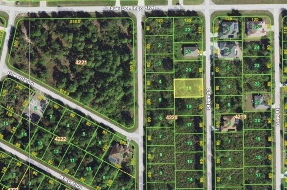 This is an aerial map showing residential land parcels and street layouts — 8177 OLSEN STREET, PORT CHARLOTTE, FL