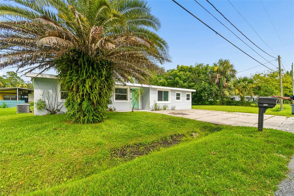A single-story house with a light gray exterior, a teal front door, and a concrete driveway — 173 TEMPLE STREET, NEW SMYRNA BEACH, FL