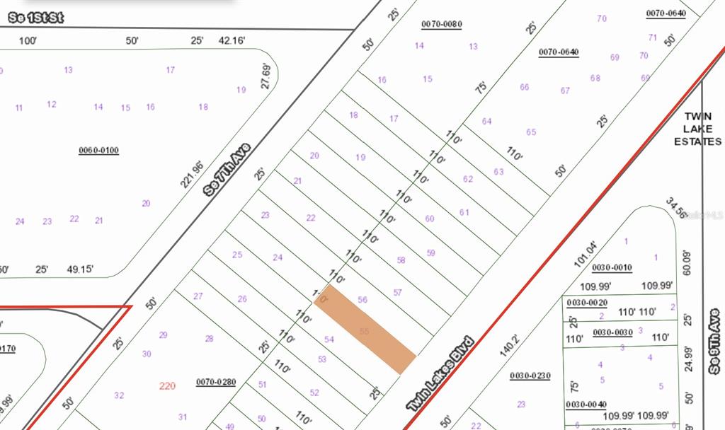 This image is a plat map showing property lot lines and street layouts — 00 TWIN LAKES BOULEVARD, INTERLACHEN, FL