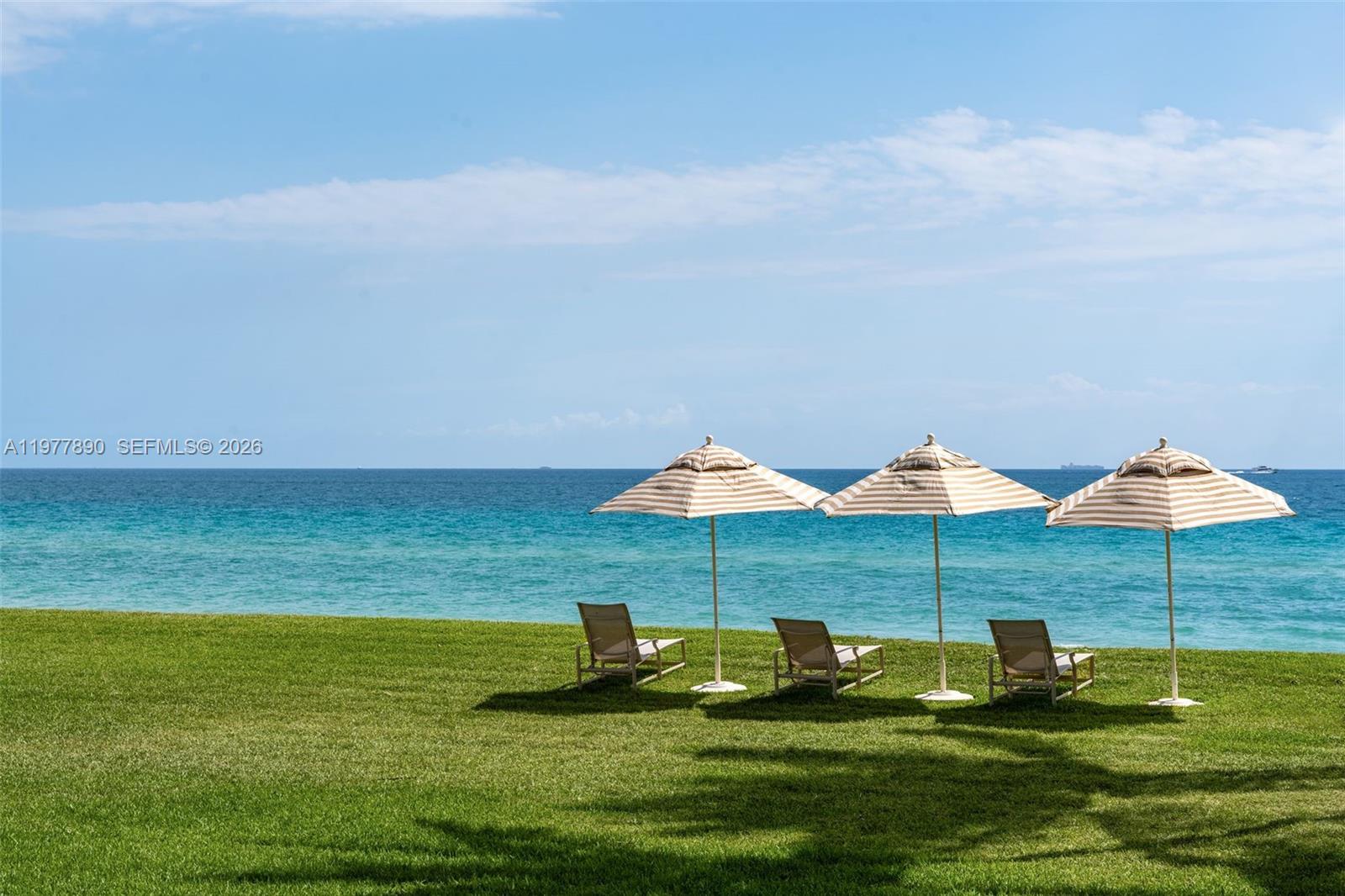 Three beach umbrellas and lounge chairs sit on a grassy lawn overlooking the ocean — 355 Ocean Blvd, Golden Beach FL 33160, GOLDEN BEACH, FL