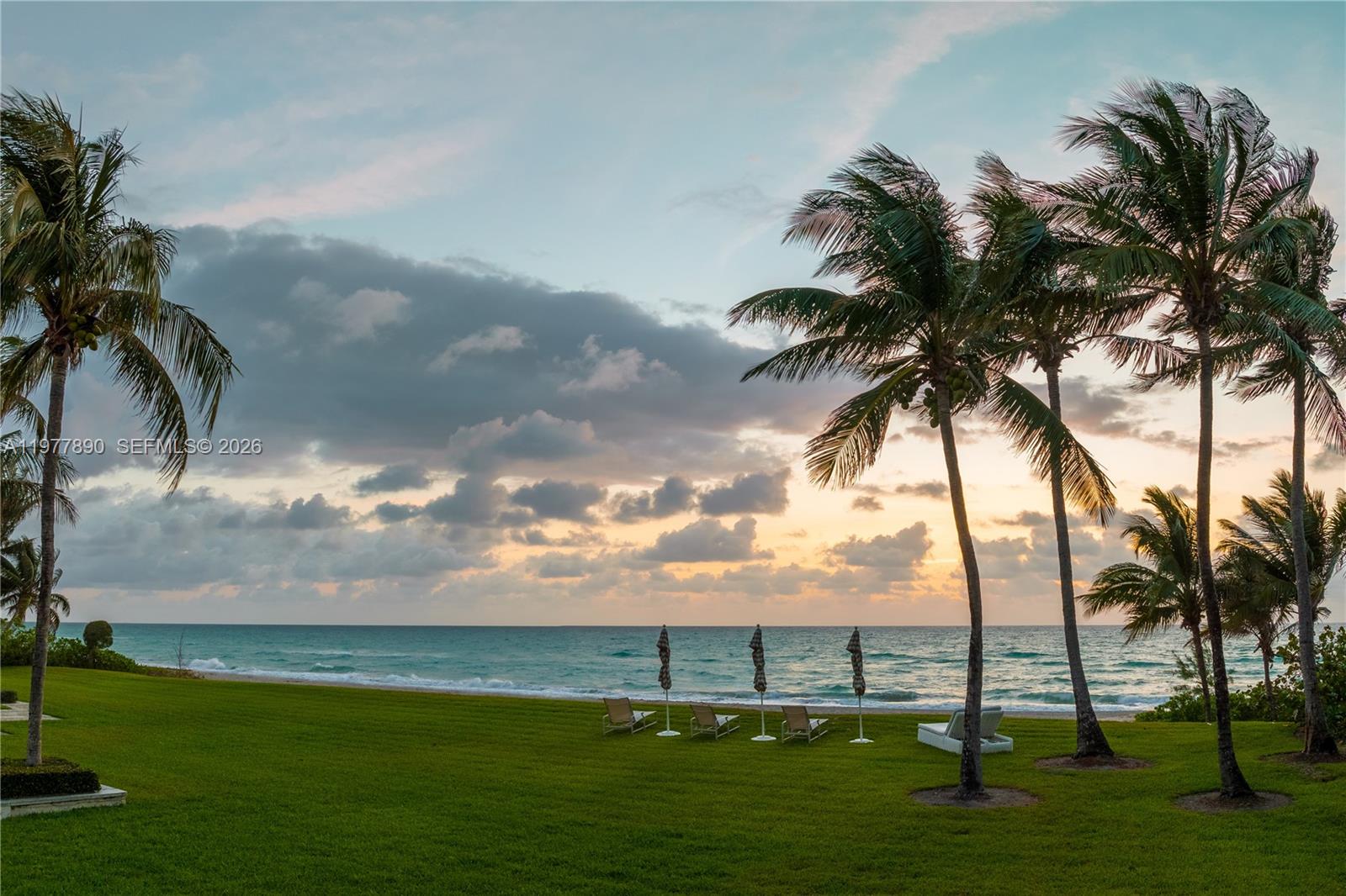 A grassy lawn with palm trees and beach chairs overlooks the ocean at sunset — 355 Ocean Blvd, Golden Beach FL 33160, GOLDEN BEACH, FL