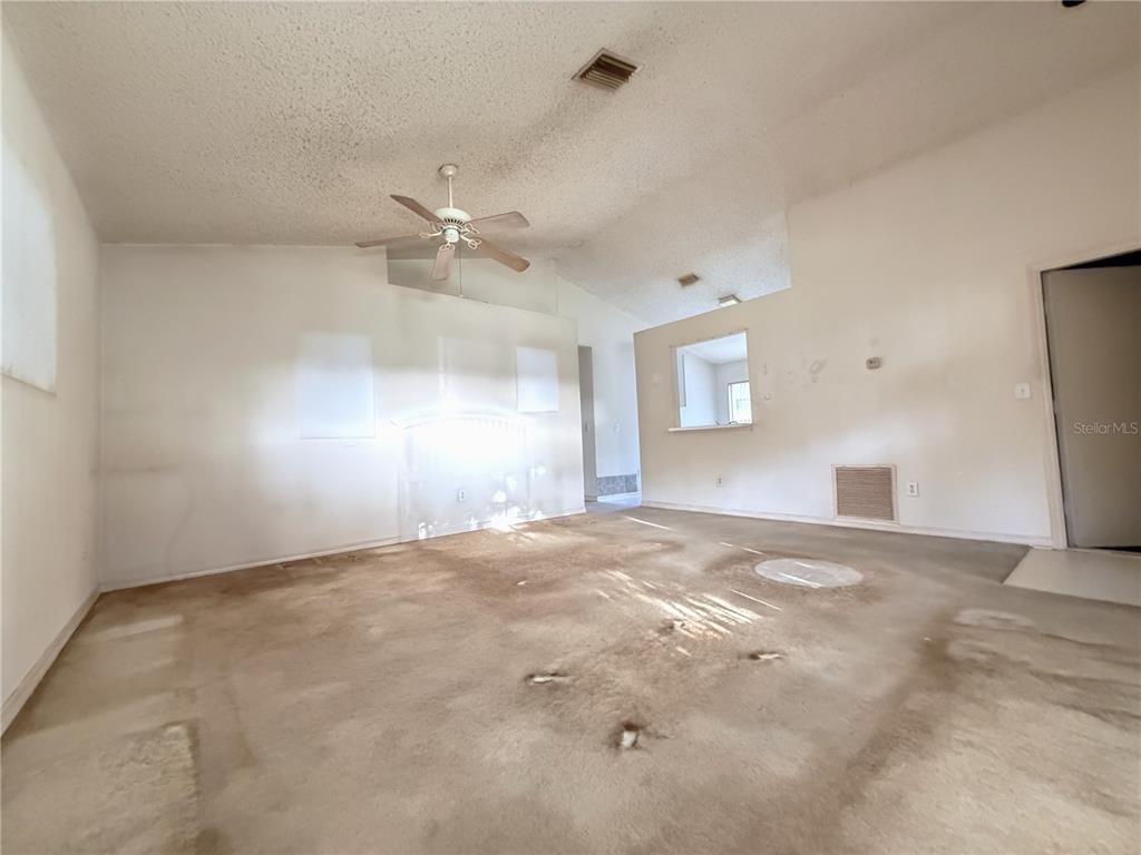 An empty living room features a vaulted ceiling, a ceiling fan, and stained wall-to-wall carpeting — 6608 NORTHHAVEN COURT, RIVERVIEW, FL