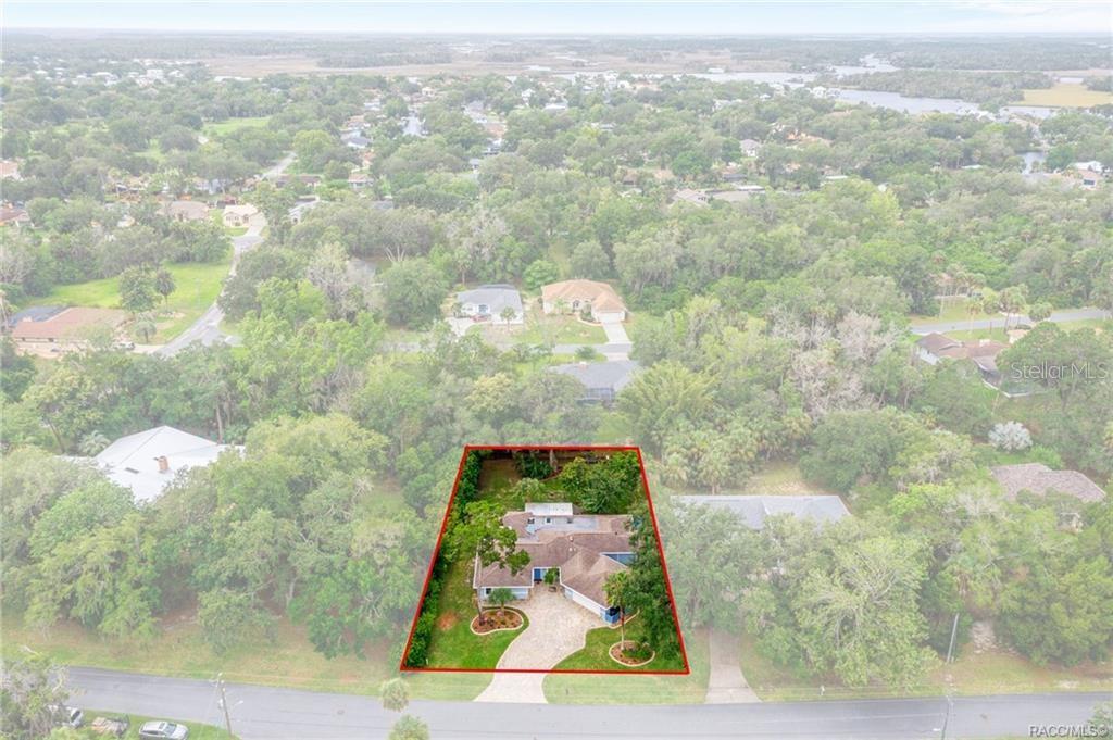 An aerial view shows a single-story house with a paved driveway surrounded by dense trees — 11678 W TIMBERLANE DRIVE, HOMOSASSA, FL