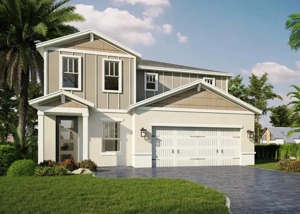 A digital rendering of a two-story suburban house with a two-car garage and palm trees — 292 ELENA LAVIN CIRCLE, ORLANDO, FL