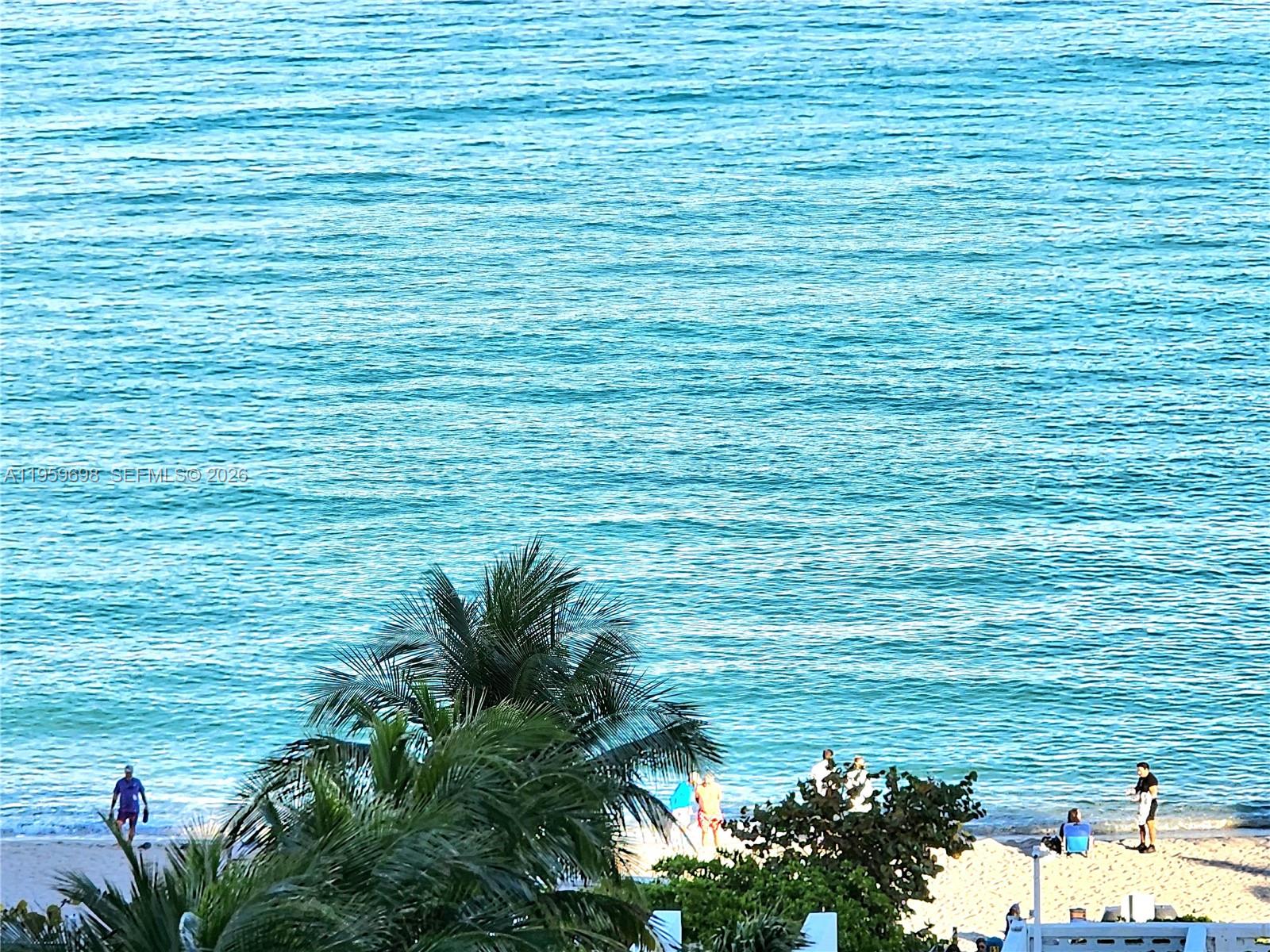 A view of the ocean and beach with palm trees and people in the foreground — 2030 S Ocean Dr # 823, Hallandale Beach FL 33009, HALLANDALE BEACH, FL