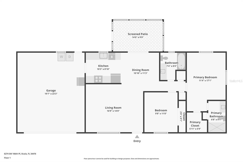 This is a floor plan for a single-story house with a garage and screened patio — 6274 SW 106TH PLACE, OCALA, FL
