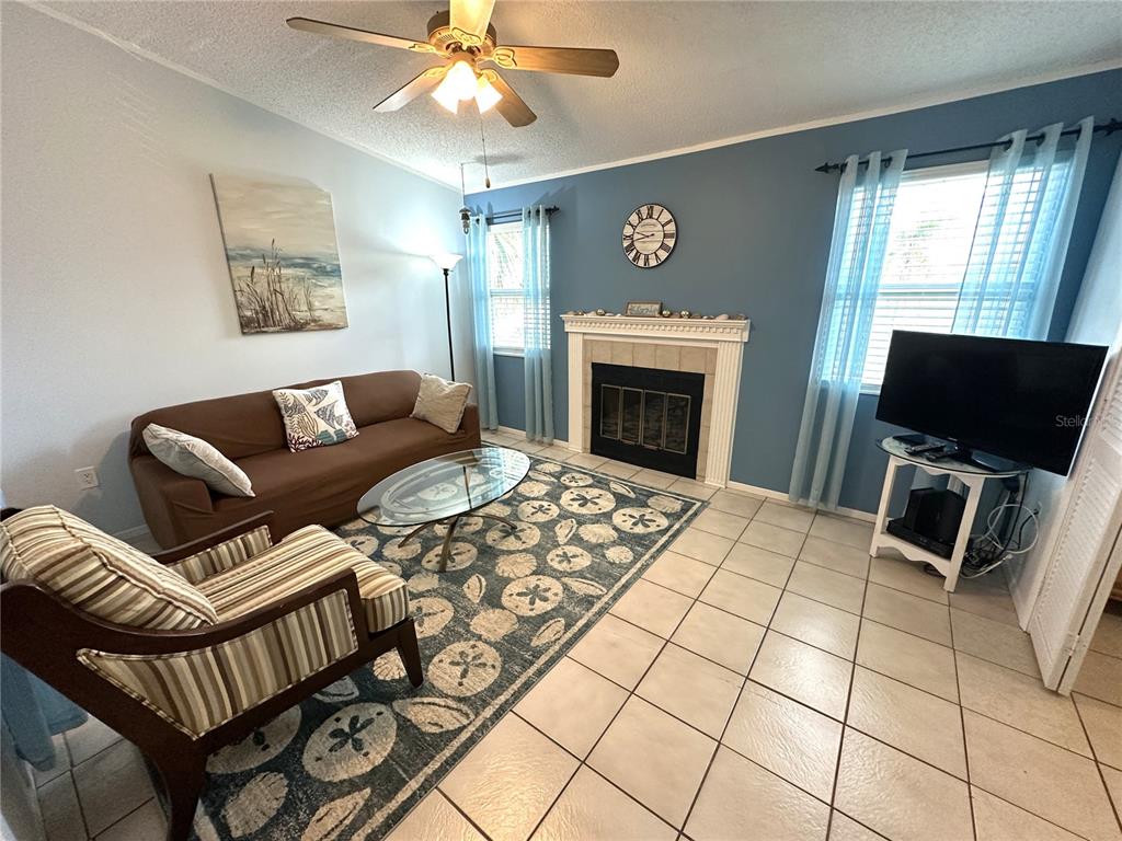 A living room features a brown sofa, striped armchair, fireplace, and a patterned area rug — 3821 59TH AVENUE W UNIT 3821, BRADENTON, FL
