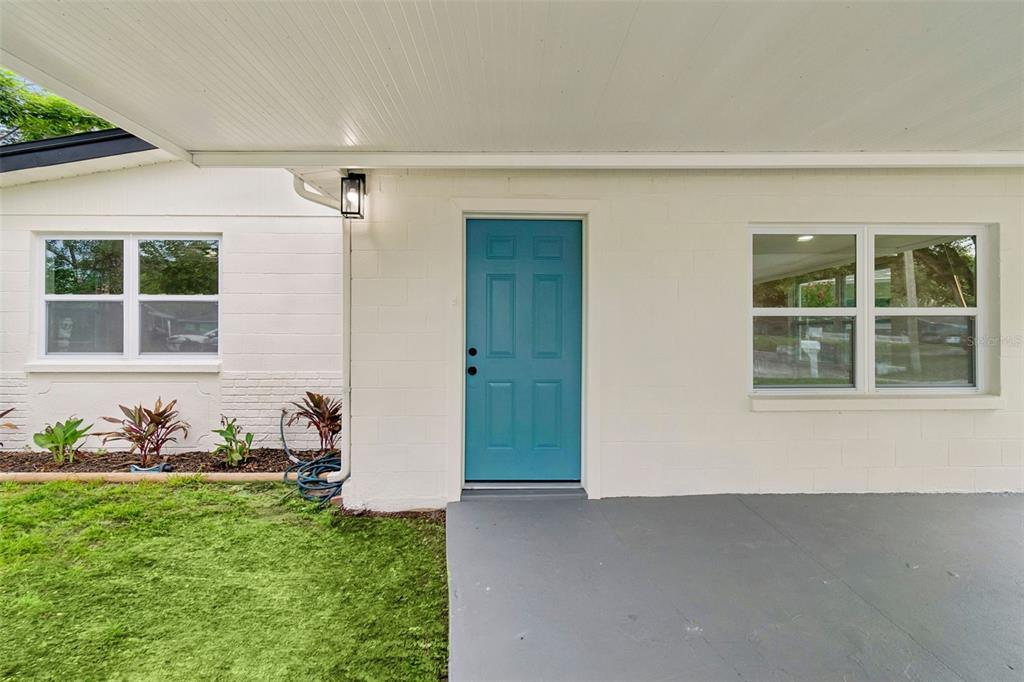 A bright blue front door is centered on the white exterior wall of a house — 4504 ASHMORE DRIVE, TAMPA, FL