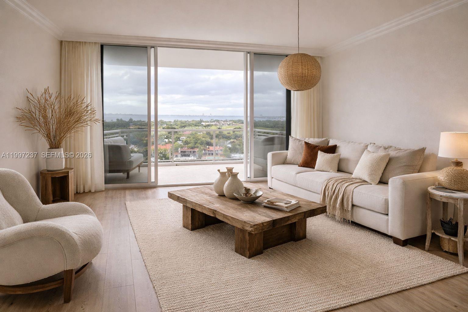 A living room features a beige sofa, wooden coffee table, and balcony with water views — 5600 Collins Ave # 16N, Miami Beach FL 33140, MIAMI BEACH, FL