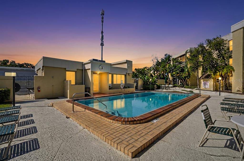 A rectangular swimming pool with a brick border sits in a courtyard at sunset — 2302 S MANHATTAN AVENUE UNIT 214, TAMPA, FL
