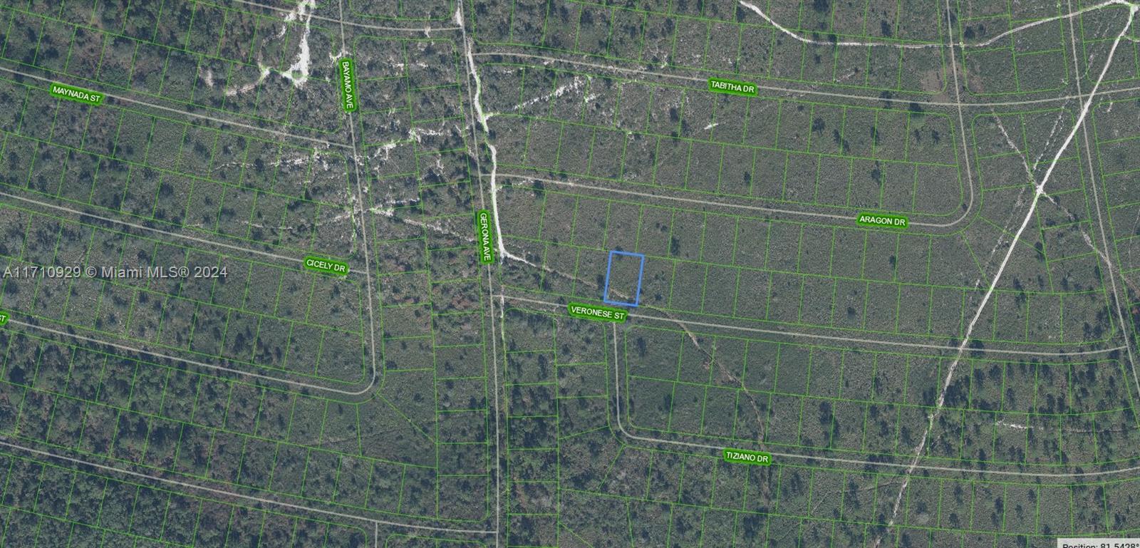 This is an aerial map showing a highlighted vacant lot located on Veronese Street — 8136 Veronese Street, Sebring FL 33872, SEBRING, FL