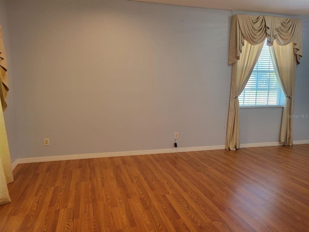 An empty room features light blue walls, wood-look flooring, and a window with curtains — 30541 NORSEMAN PLACE, WESLEY CHAPEL, FL