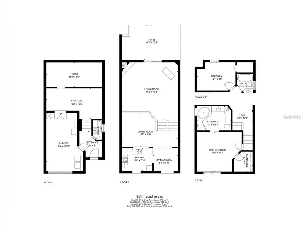 This is a three-level floor plan showing a garage, living areas, and bedrooms — 11722 CURRIE LANE UNIT F2, LARGO, FL