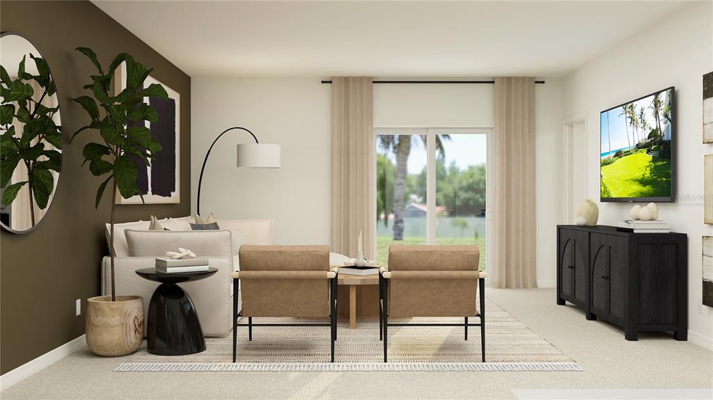 This is a digital rendering of a living room featuring a sofa, two chairs, and television — 6457 DOMIZIO DRIVE, WINTER HAVEN, FL