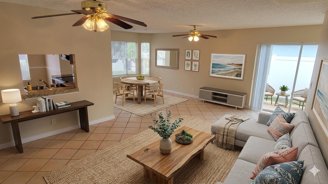 A living and dining area with tile floors, two ceiling fans, and a sliding glass door — 10056 Boynton Place Circle, Boynton Beach FL 33437, BOYNTON BEACH, FL