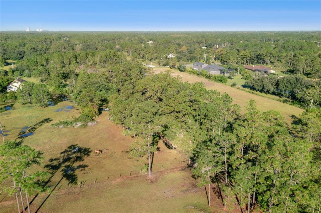 An aerial view shows a grassy pasture with scattered trees, a fence, and nearby houses — BABBITT AVENUE, ORLANDO, FL