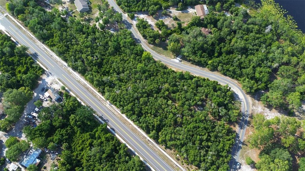 An aerial view shows a wooded lot situated between two winding paved roads — DOYLE ROAD, DELTONA, FL
