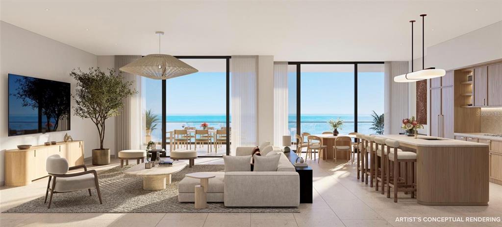 This architectural rendering shows a modern open-concept living area with ocean views and wood cabinetry — 197 AVENUE DE LA MER UNIT 401, PALM COAST, FL