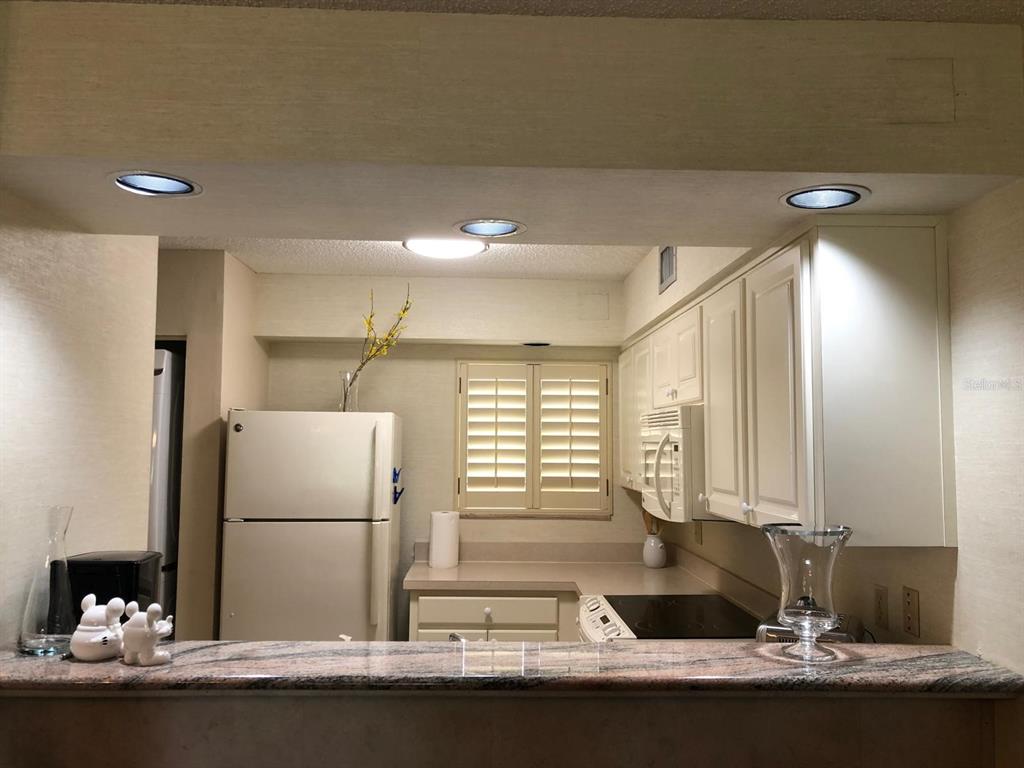 A kitchen with white cabinets, a refrigerator, and a granite-topped breakfast bar — 29129 BAY HOLLOW DRIVE UNIT 3203, WESLEY CHAPEL, FL