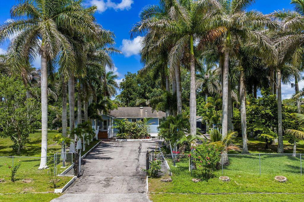 A light blue house sits at the end of a driveway lined with tall palm trees — 6929 N 120th Ave Avenue N, FL 33412, FL