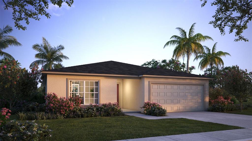 This is a digital rendering of a single-story suburban house with a two-car garage — 947 SALERNO COURT, KISSIMMEE, FL