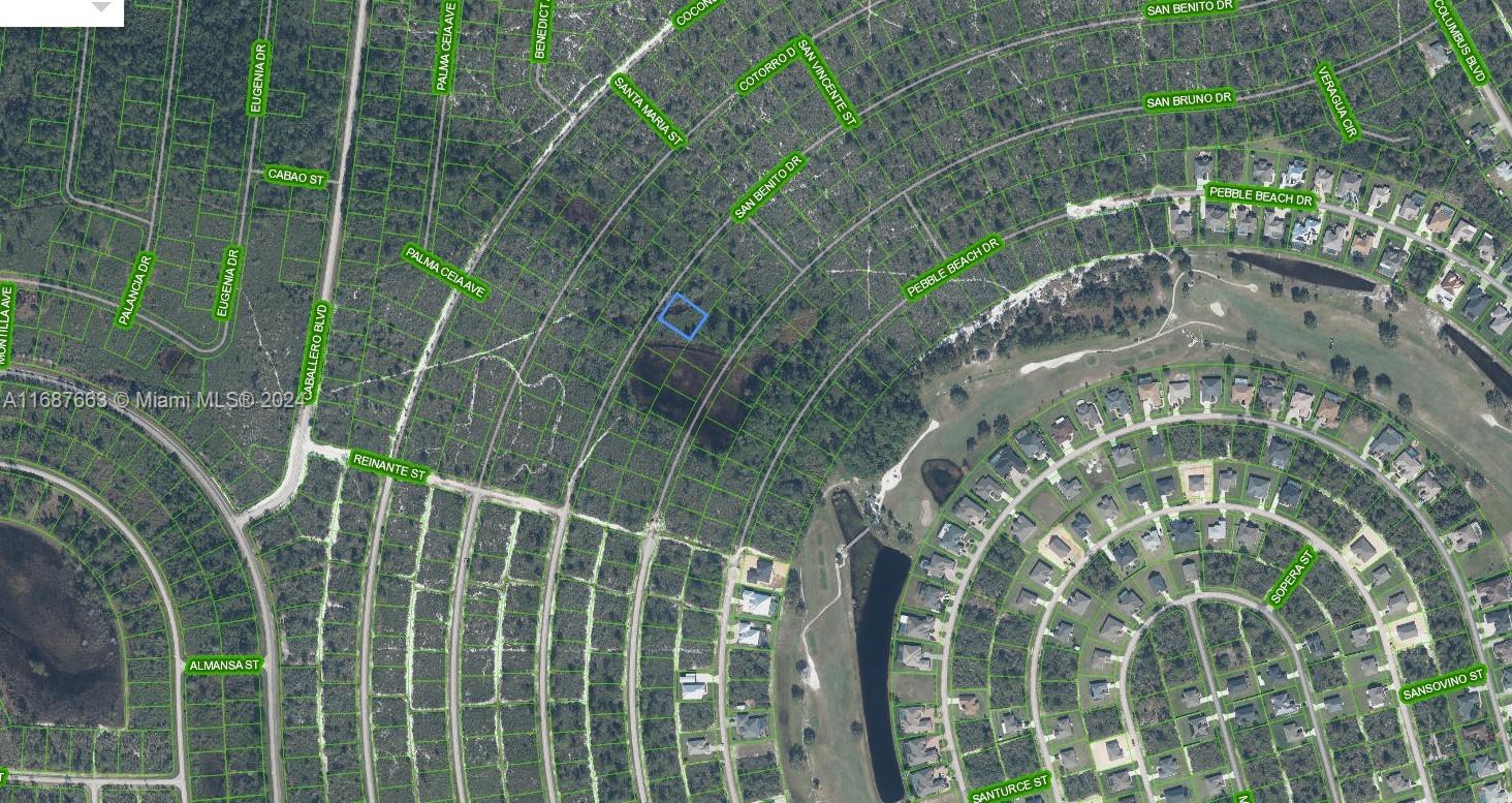 This is an aerial map showing a vacant residential lot highlighted in a suburban neighborhood — 6625 San Benito Dr, Sebring FL 33872, SEBRING, FL