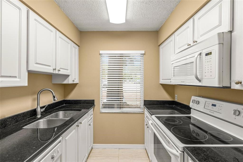 A galley kitchen features white cabinets, black countertops, and stainless steel appliances — 7510 PRESLEY PLACE UNIT 98-A, TAMPA, FL
