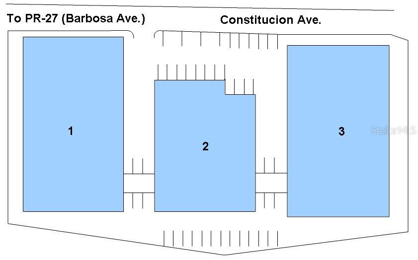 This is a site plan showing three buildings and parking spaces along Constitucion Avenue — Constitucion Ave INT PR-27, SAN JUAN, PR