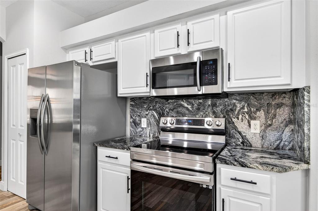 A kitchen features white cabinets, stainless steel appliances, and a dark granite countertop and backsplash — 10024 COLDWATER LOOP, LAND O LAKES, FL