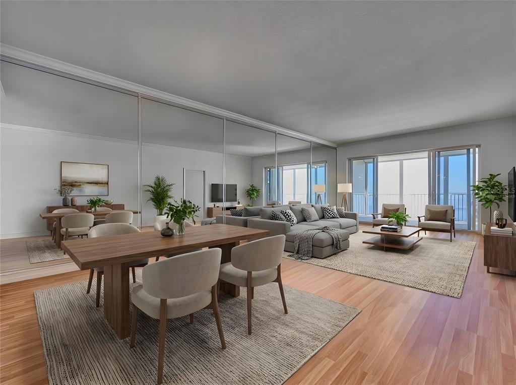This living and dining area features wood flooring, mirrored walls, and floor-to-ceiling windows — 5 INDIAN RIVER AVENUE UNIT 1204, TITUSVILLE, FL