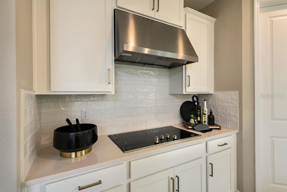 A kitchen features white cabinets, a stainless steel range hood, and a black cooktop — 5 ARMENIA COURT, PALM COAST, FL