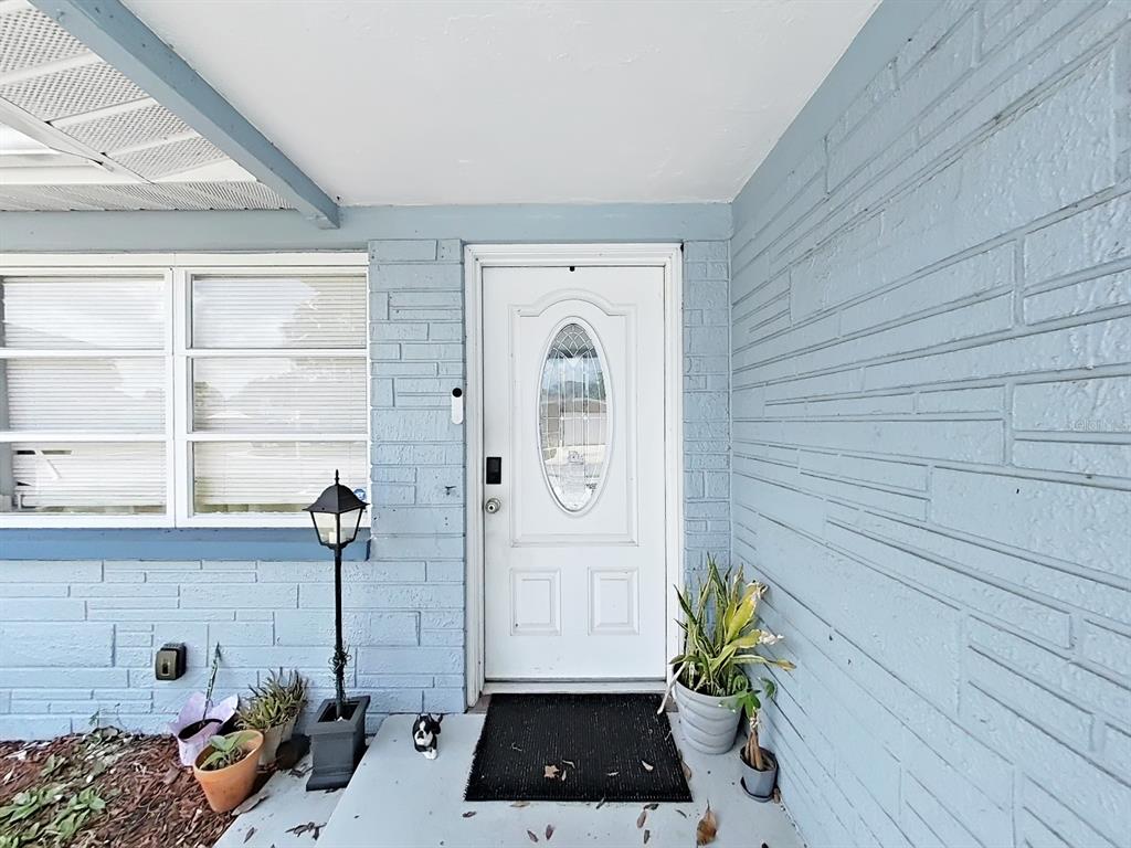A white front door with an oval window is set into a light blue brick wall — 3424 TRUMAN DRIVE, HOLIDAY, FL