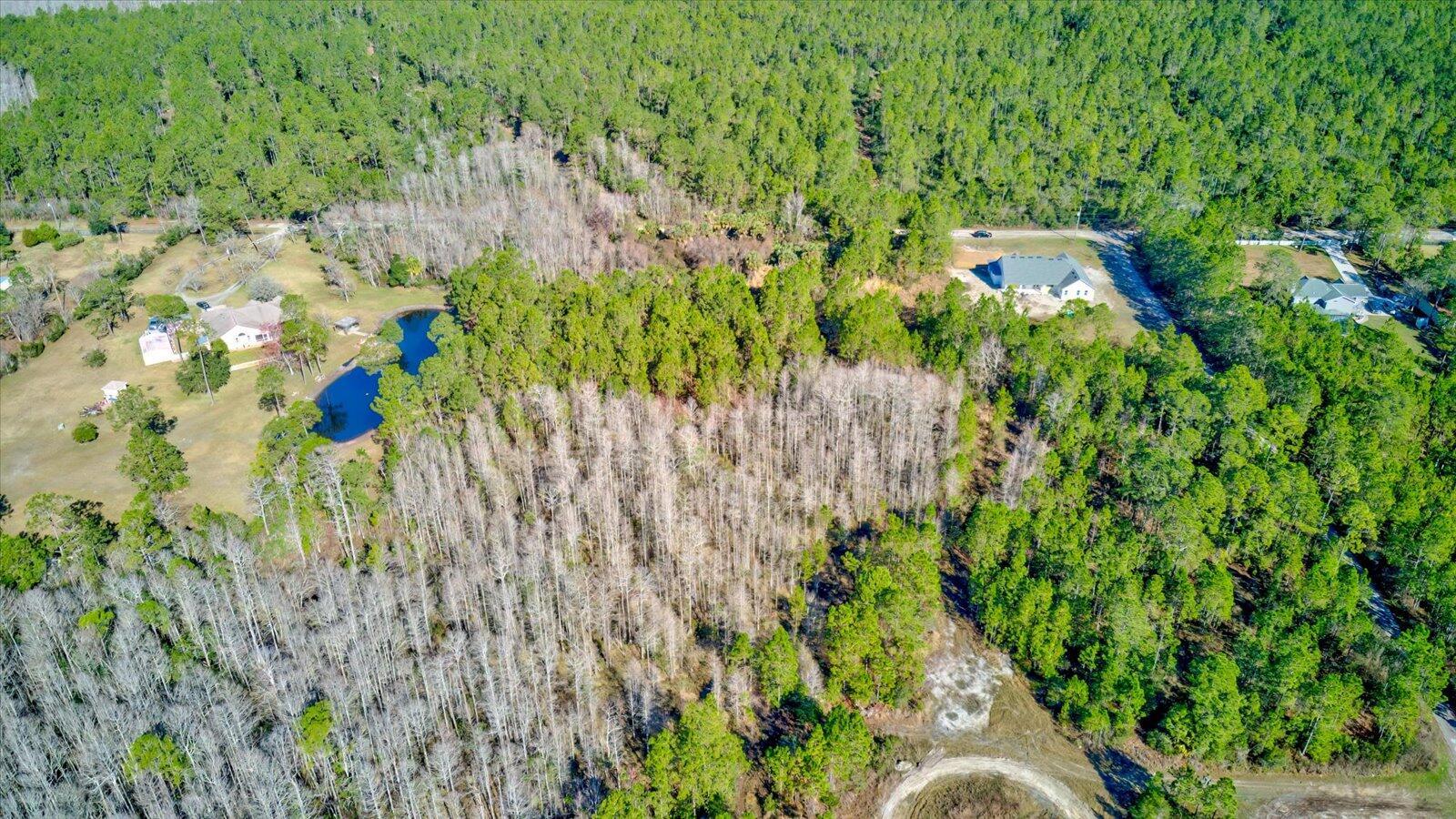 An aerial view shows a wooded lot with a small pond and nearby residential houses — 0000 Rodeo Acres, Ormond Beach FL 32174, ORMOND BEACH, FL