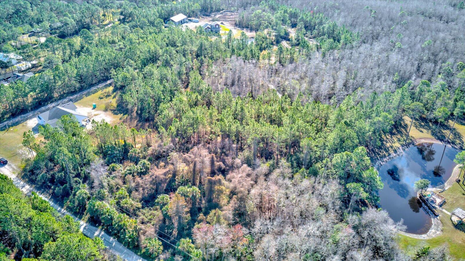 An aerial view shows a wooded residential lot featuring a pond and nearby houses — 0000 Rodeo Acres, Ormond Beach FL 32174, ORMOND BEACH, FL