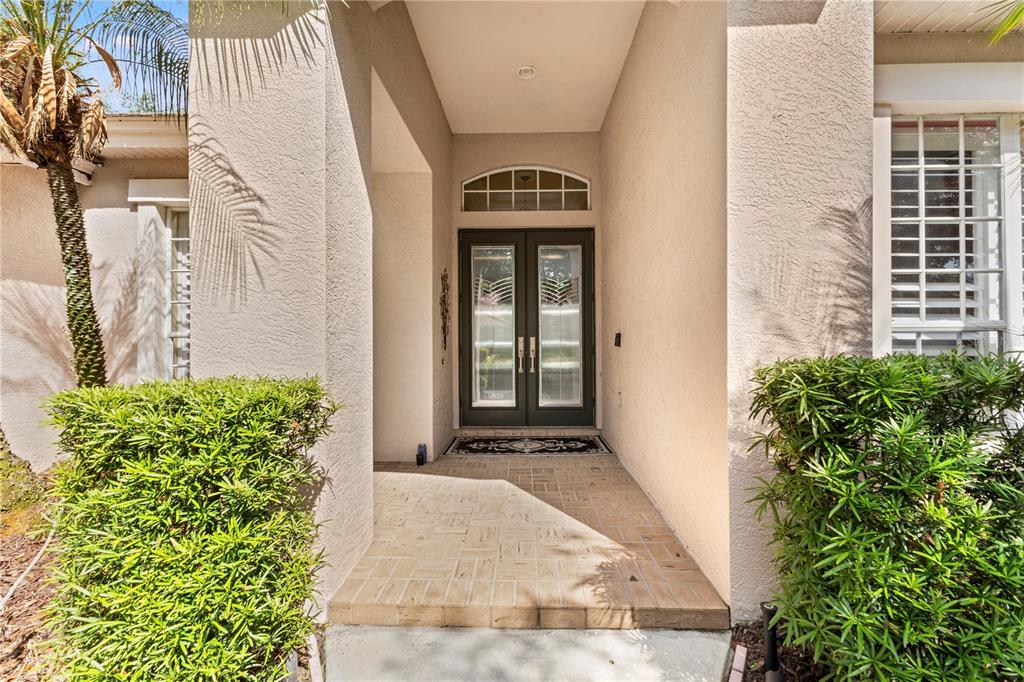 A front entryway features double glass doors, a brick porch, and surrounding landscaping — 17861 ARBOR GREENE DRIVE, TAMPA, FL
