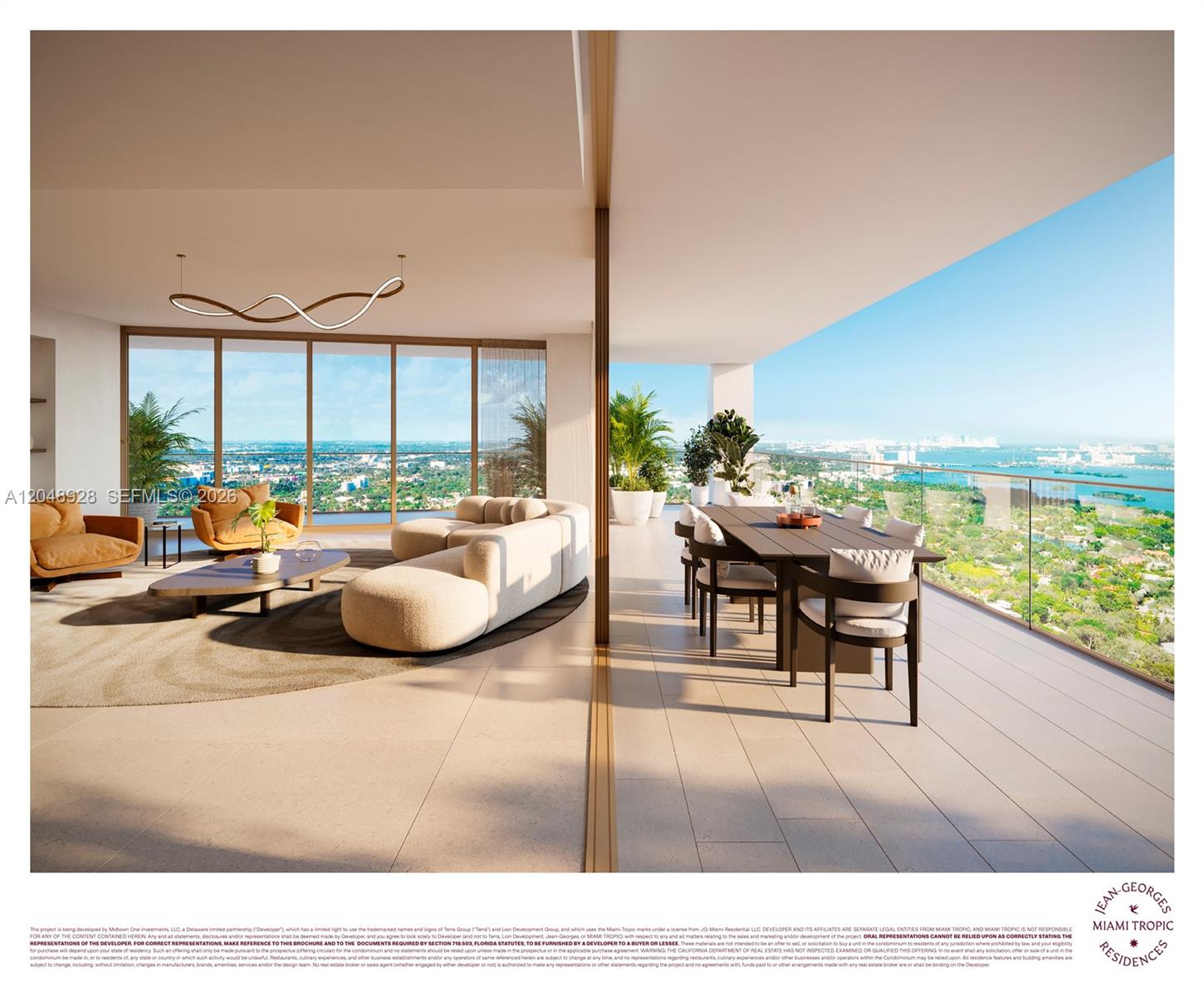 This rendering shows a modern open-concept living and dining area with floor-to-ceiling windows overlooking a city — 3501 NE 1st Ave # 3301, Miami FL 33137, MIAMI, FL