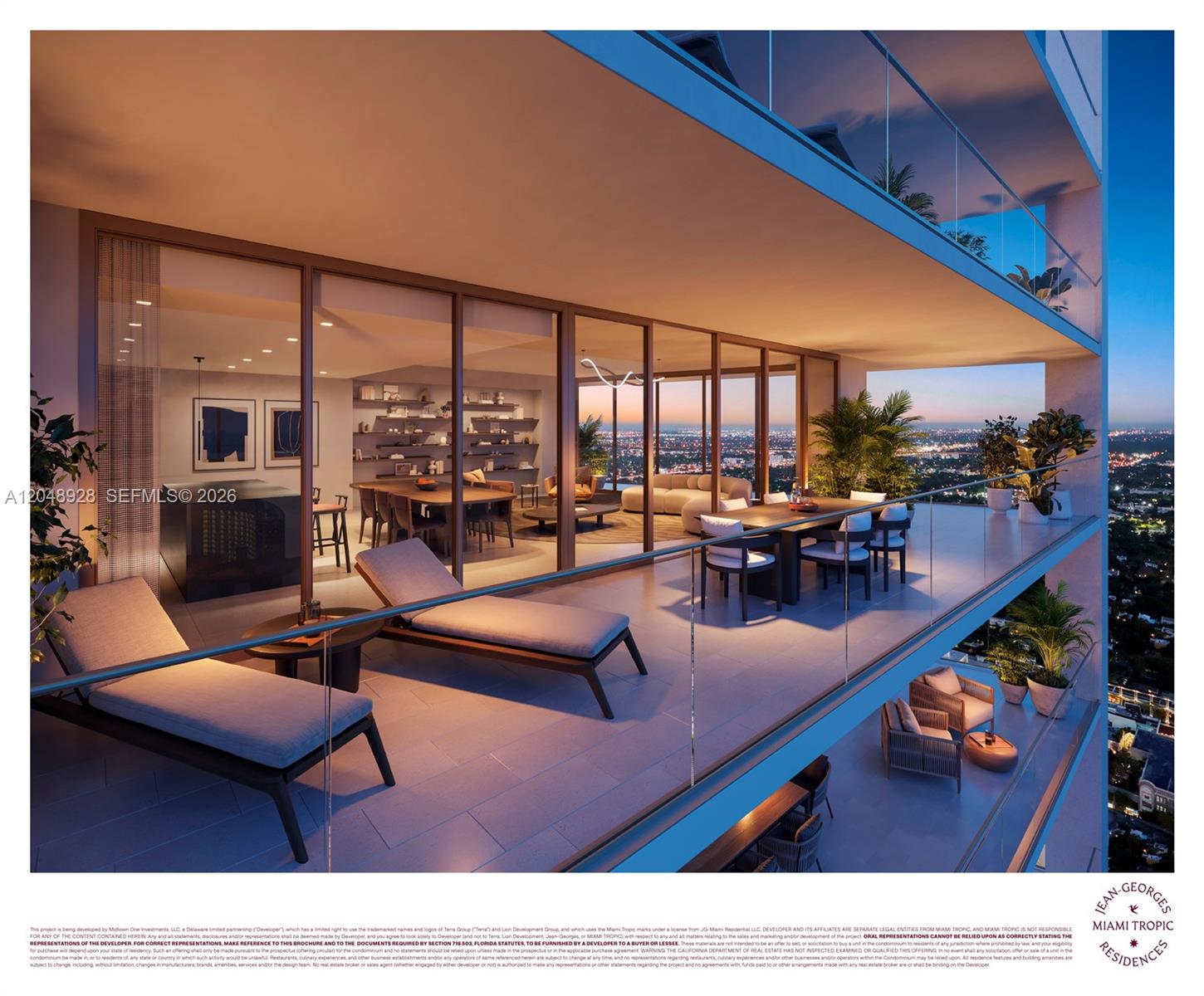 This rendering shows a modern apartment interior with a large balcony overlooking a city skyline — 3501 NE 1st Ave # 3301, Miami FL 33137, MIAMI, FL