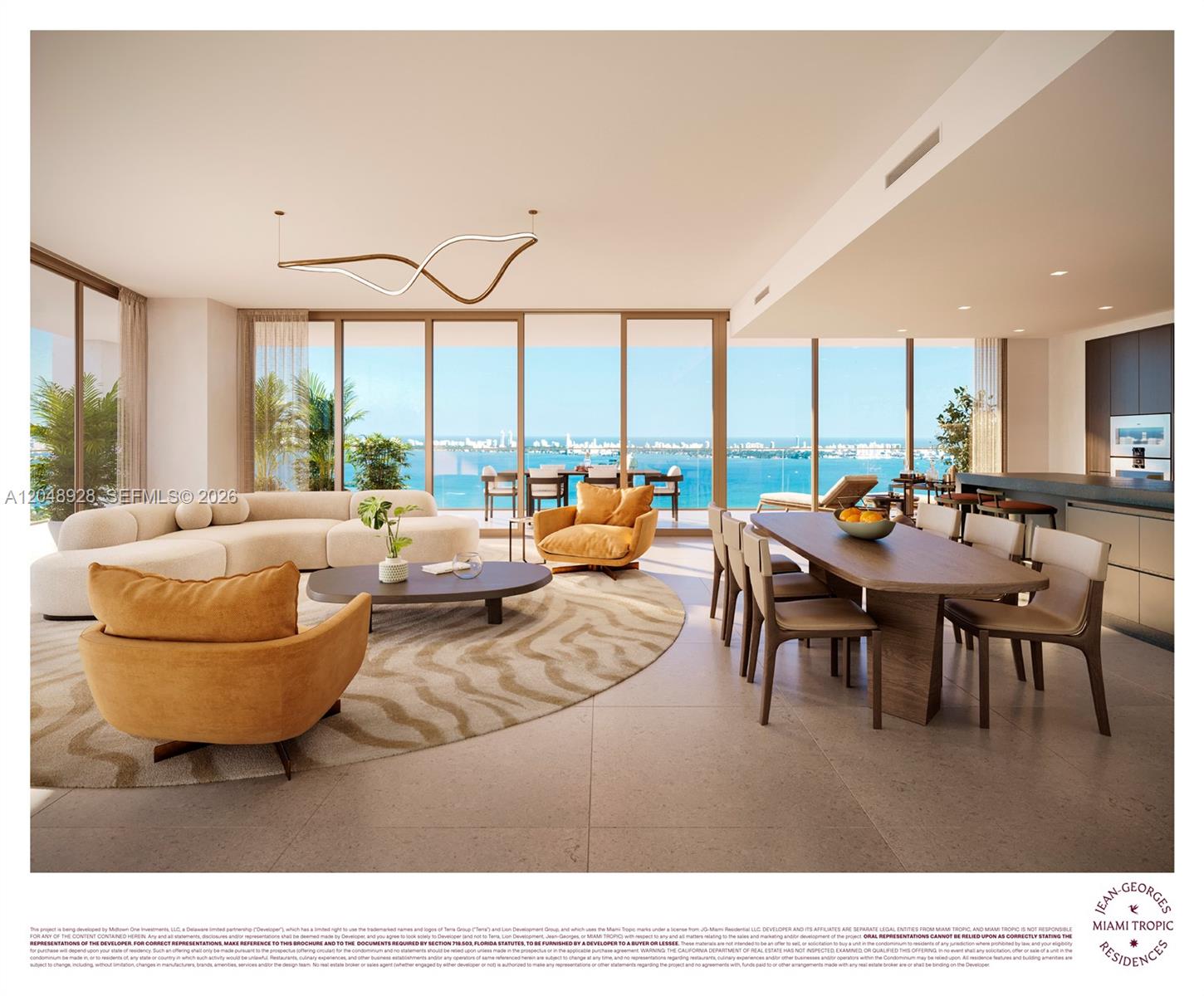 This rendering shows a modern open-concept living and dining area with floor-to-ceiling ocean views — 3501 NE 1st Ave # 3301, Miami FL 33137, MIAMI, FL