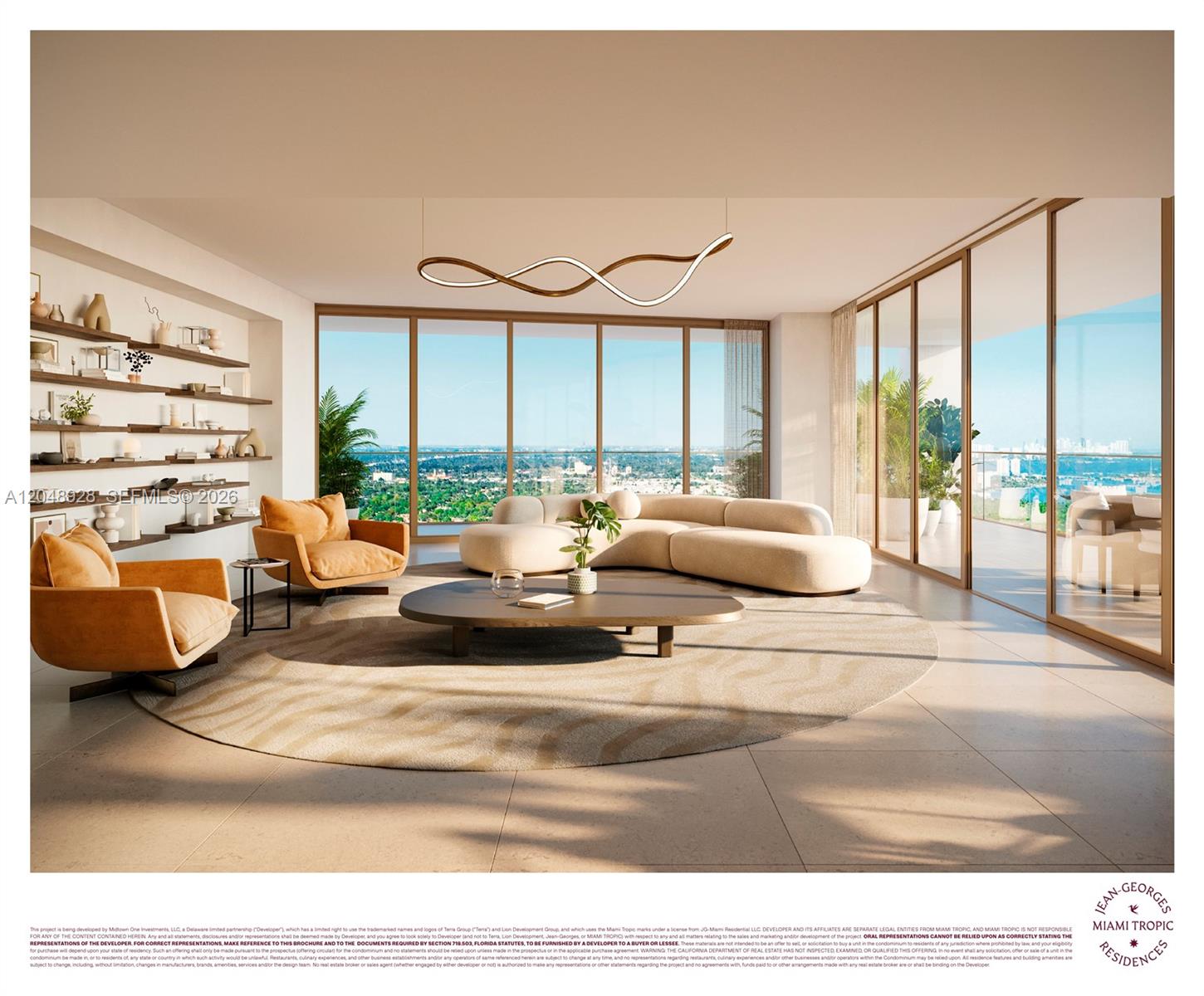 This rendering shows a modern living room with a curved sofa, floor-to-ceiling windows, and city views — 3501 NE 1st Ave # 3301, Miami FL 33137, MIAMI, FL