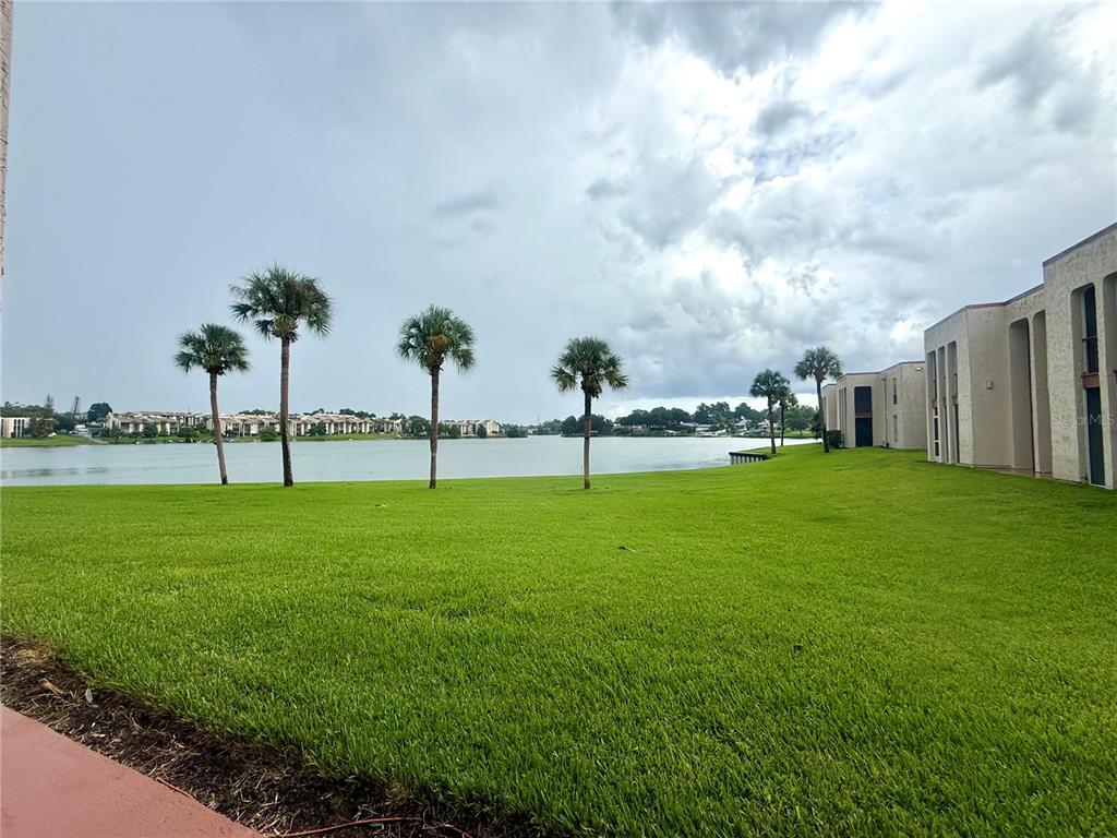 A grassy lawn leads to a lake with palm trees and apartment buildings in the background — 534 ORANGE DRIVE UNIT 27, ALTAMONTE SPRINGS, FL