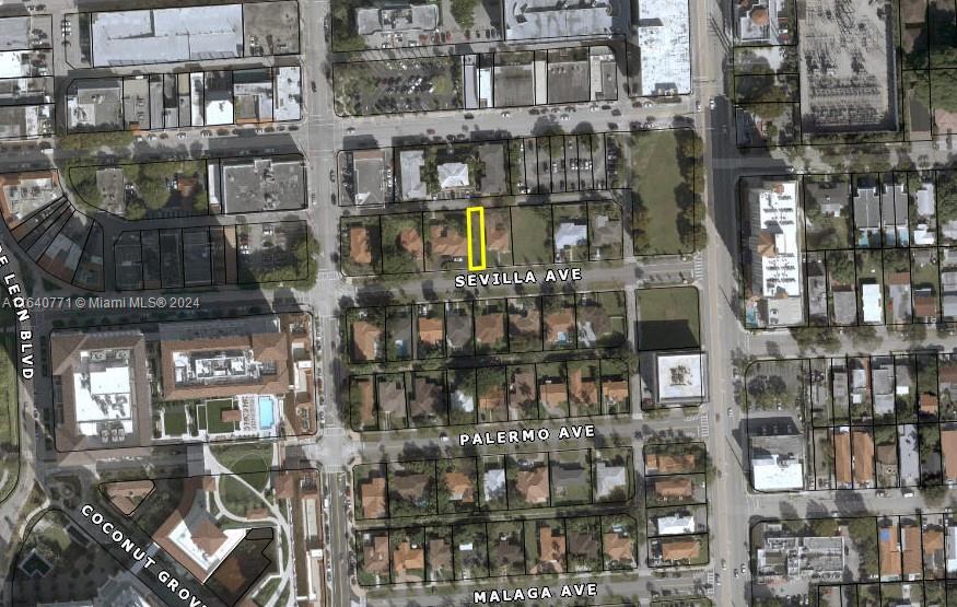 This is an aerial map view of a residential neighborhood with a highlighted property lot — 0 sevilla ave, Coral Gables FL 33134, CORAL GABLES, FL