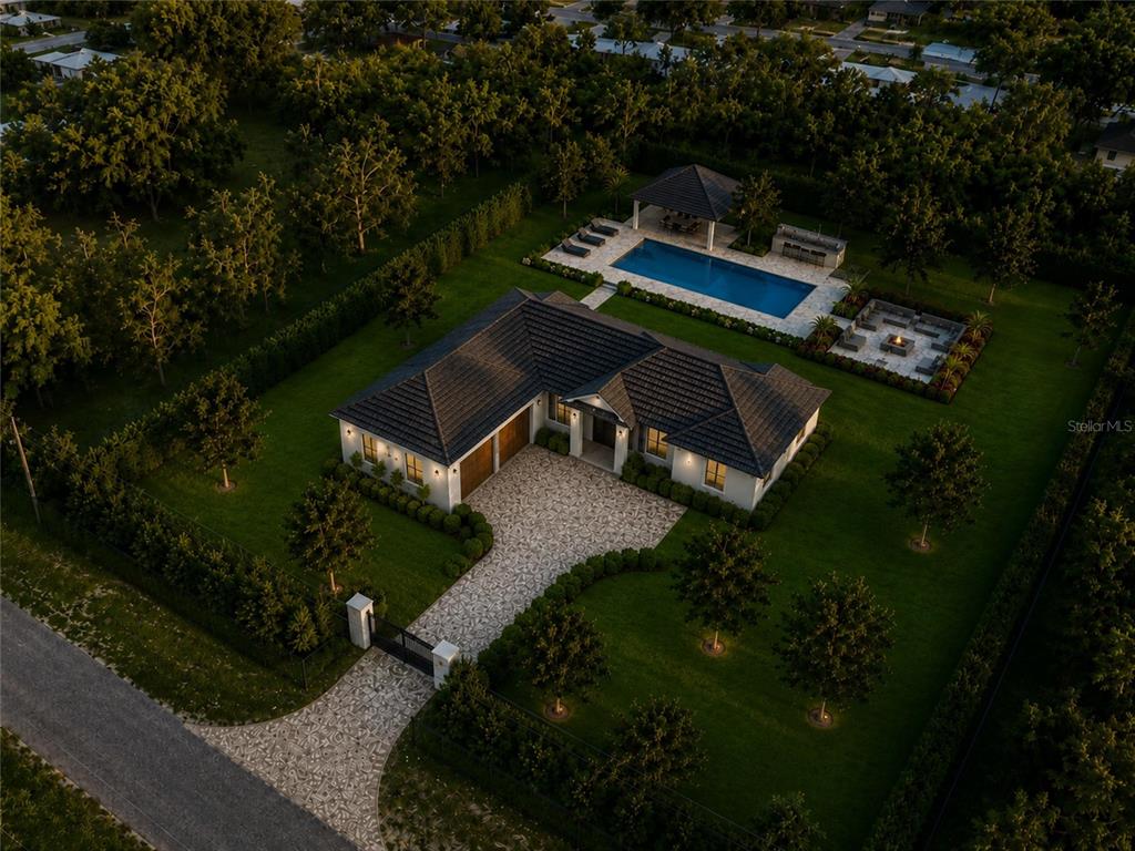 An aerial view shows a single-story house with a pool, gazebo, and paved driveway — 11496 74TH AVENUE, SEMINOLE, FL