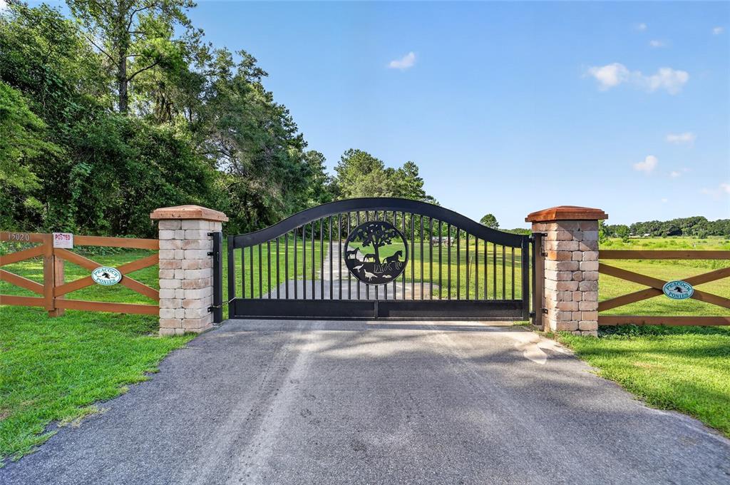 A black metal gate with a decorative tree cutout stands between two stone pillars — 15020 W HIGHWAY 328, OCALA, FL