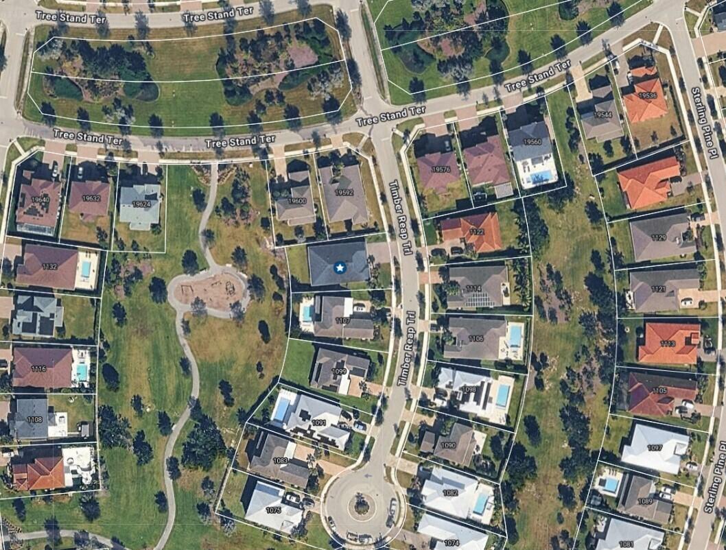 This aerial map shows a residential neighborhood with houses, a park, and winding streets — 1115 Timber Reap Trail, FL 33470, FL