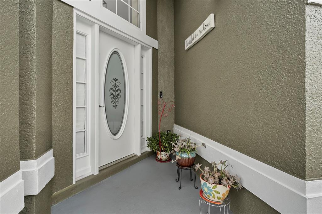 A front porch with a white door, side windows, and potted plants against olive walls — 726 ROCHESTER LOOP, DAVENPORT, FL