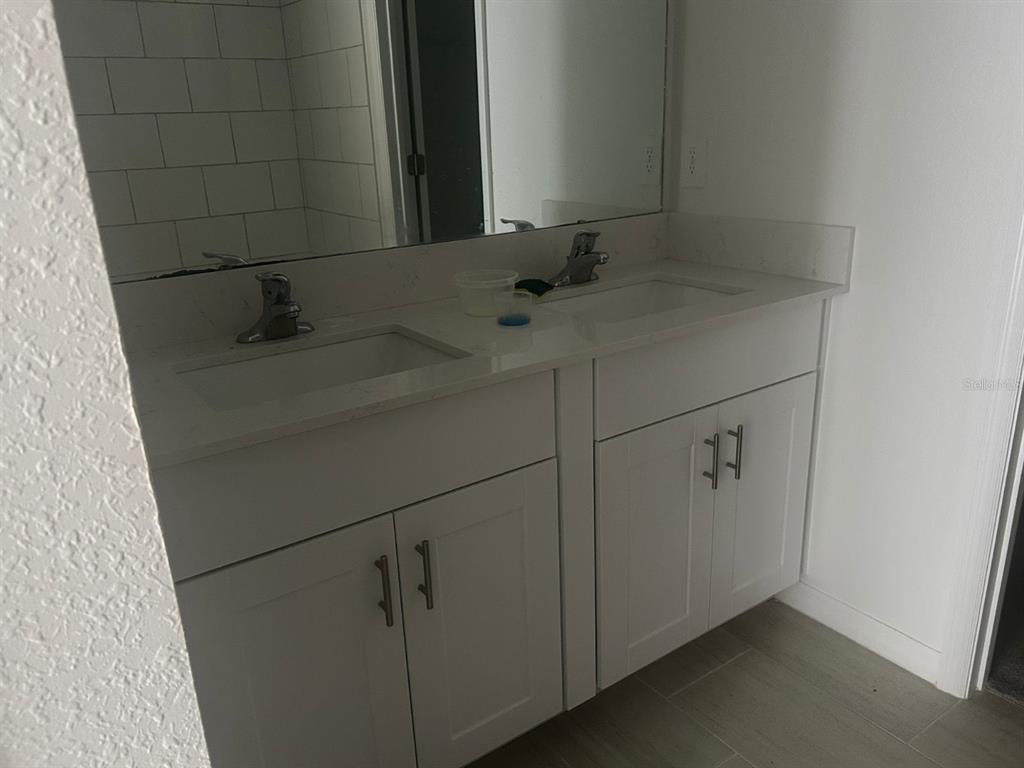 A bathroom features a white double vanity with a quartz countertop and two sinks — 4011 NORTHERN KEY DRIVE, PLANT CITY, FL