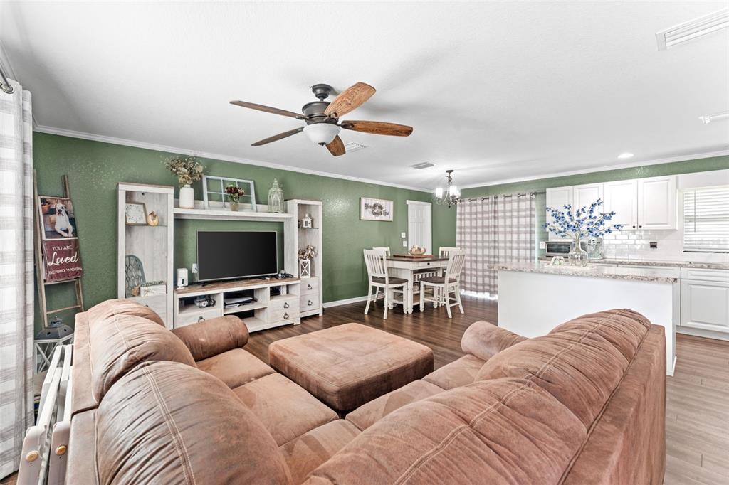 A living room with green walls, a brown sectional sofa, and an open-concept kitchen — 3540 NE 29TH TERRACE, OCALA, FL