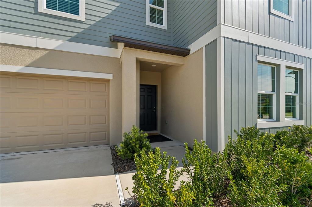 The exterior of a two-story home features a tan garage, a dark front door, and blue siding — 10065 GENTLE RAIN DRIVE, LAND O LAKES, FL