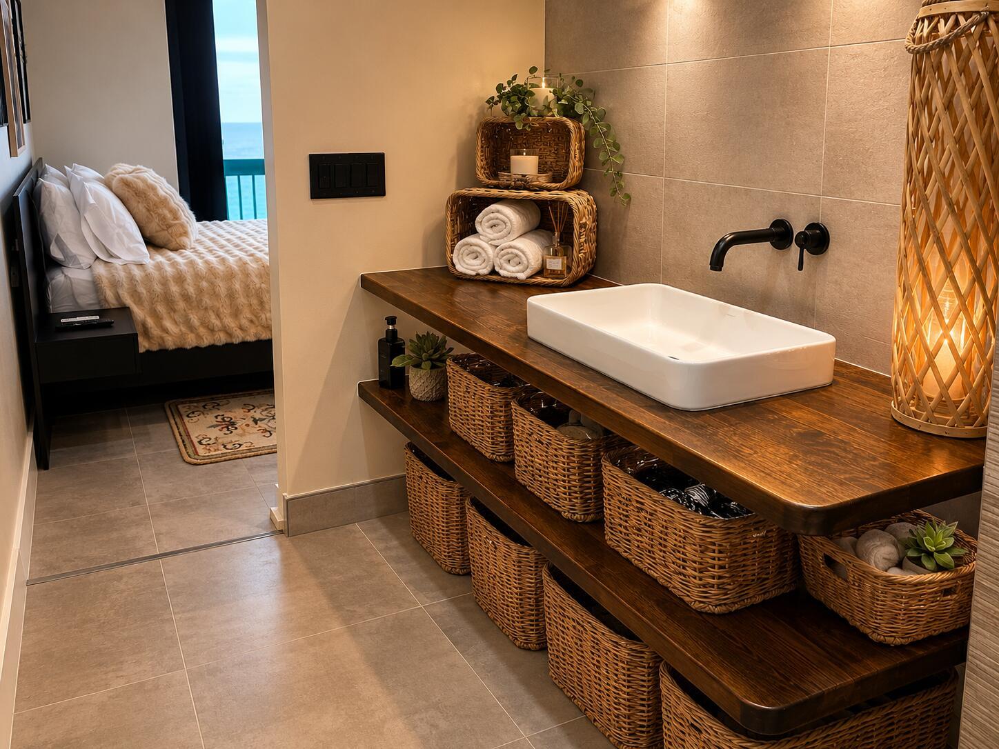 A bathroom vanity with a vessel sink and wicker storage baskets sits beside a bedroom — 9940 S Ocean Drive # 802, Jensen Beach FL 34957, JENSEN BEACH, FL